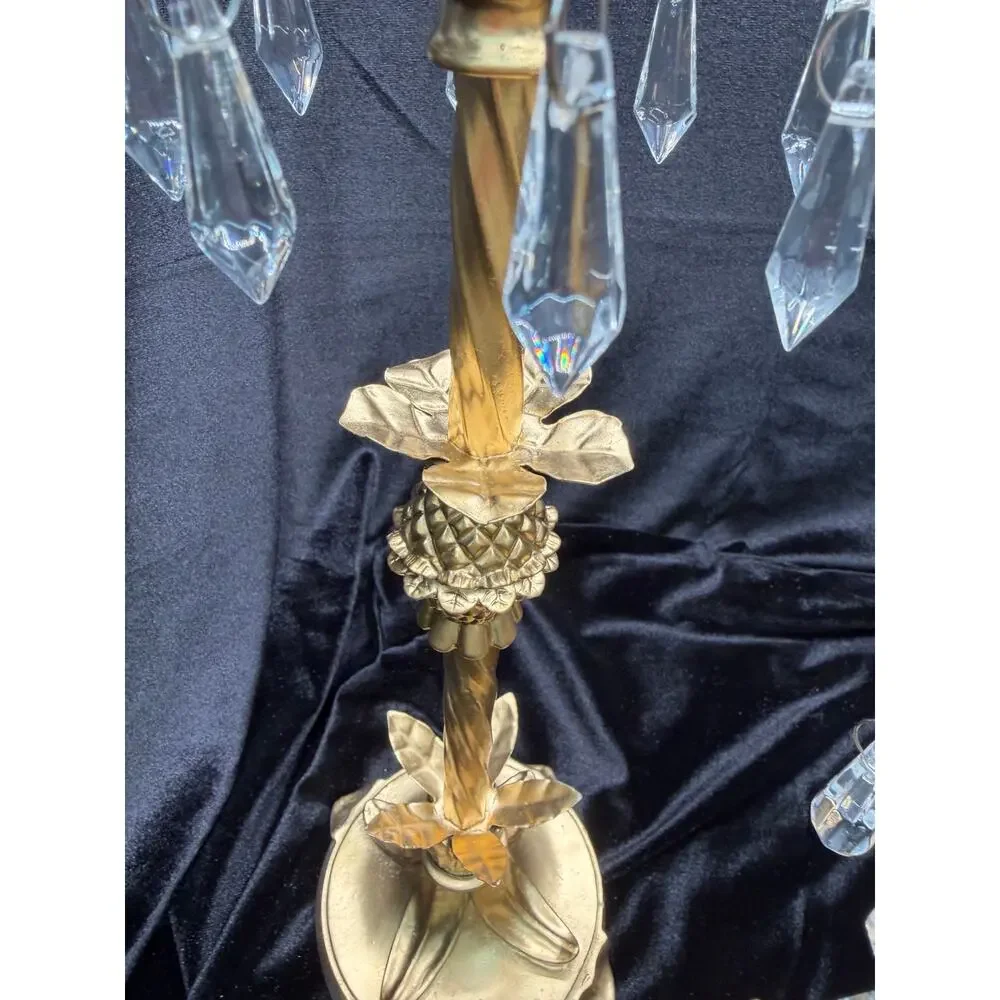 Hollywood Regency Crystal Prism Candlestick Set Gold Floral Candle Holders